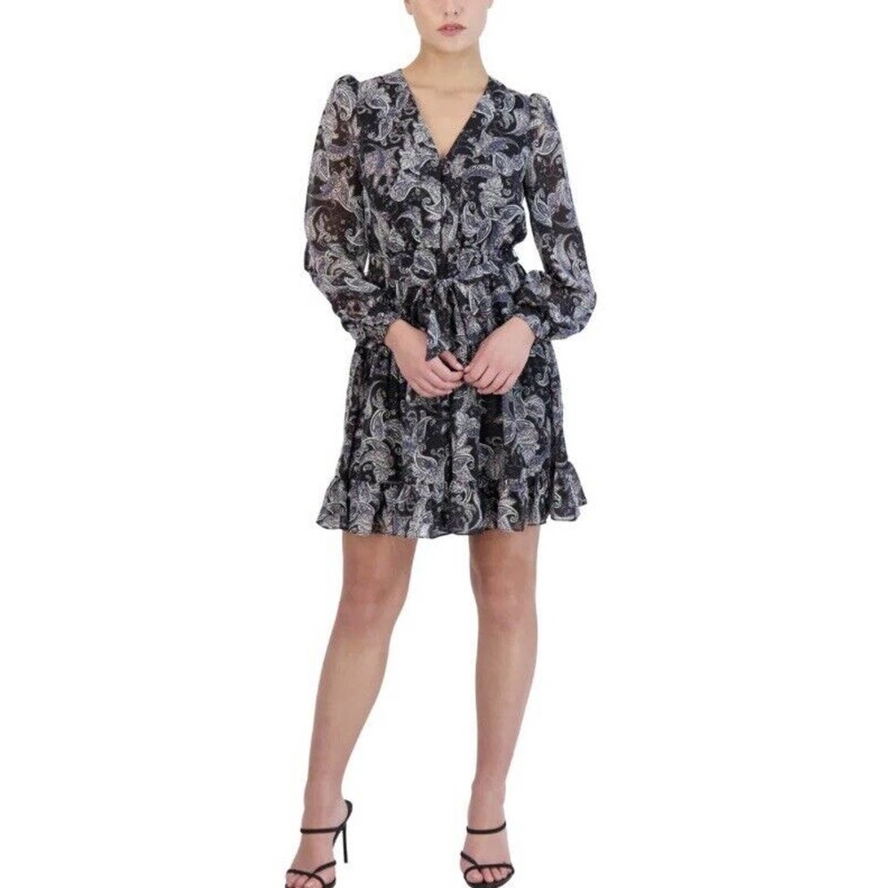 NWT Laundry By Shelli Segal Womens Ruffled Paisley Long Sleeve Mini Dress Sz 14‎